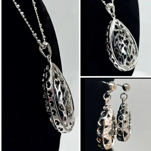 Silver-Tone Teardrop Obsidian Stone Encased Crystal Pendant & Matching Earrings - Picture 6 of 9